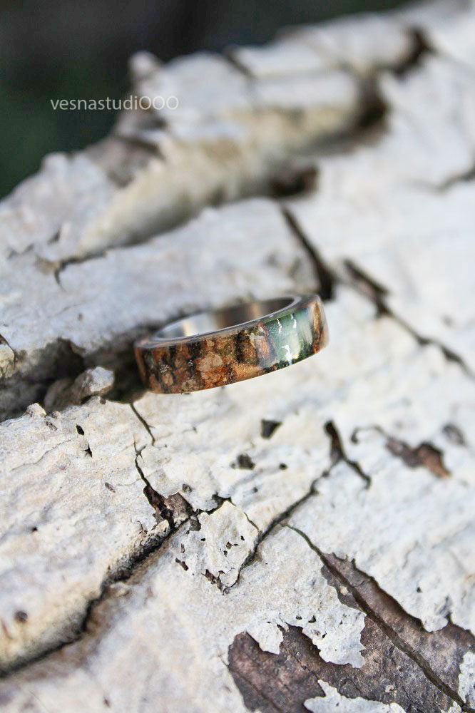 Real Fern Birch Bark Men's Ring